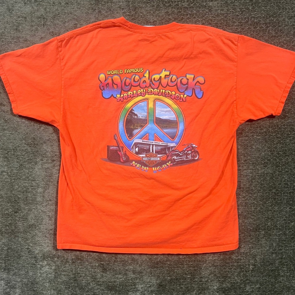 Harley-Davidson T-Shirt Mens XL Orange Woodstock Peace Sign Hanes Beefy-T
